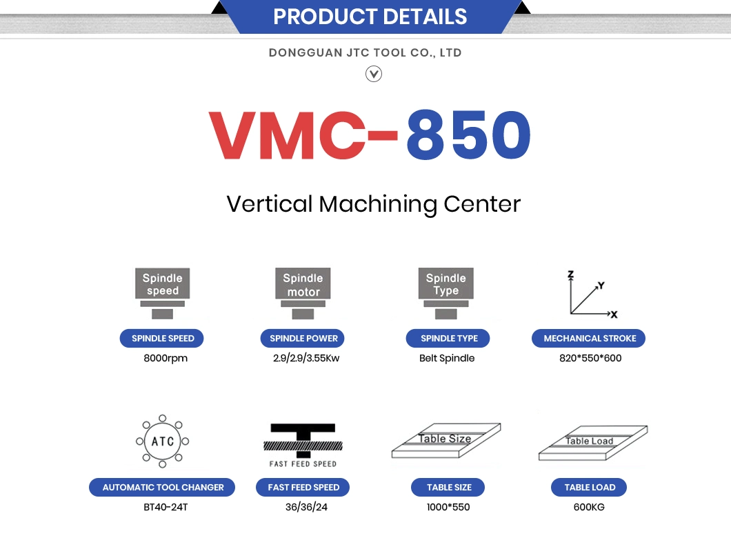 Jtc Tool 2200 Table Travel Y mm Small Metal CNC Machine Manufacturing Vmc850 Machinings Vmc Wholesale China Vertical Machine Center